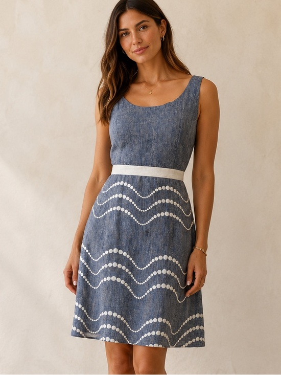 Boden Dresses & Skirts - Boden Linen Blue A-Line Denim Dress with White Wave Dot Trim Cotton Lined US 6L